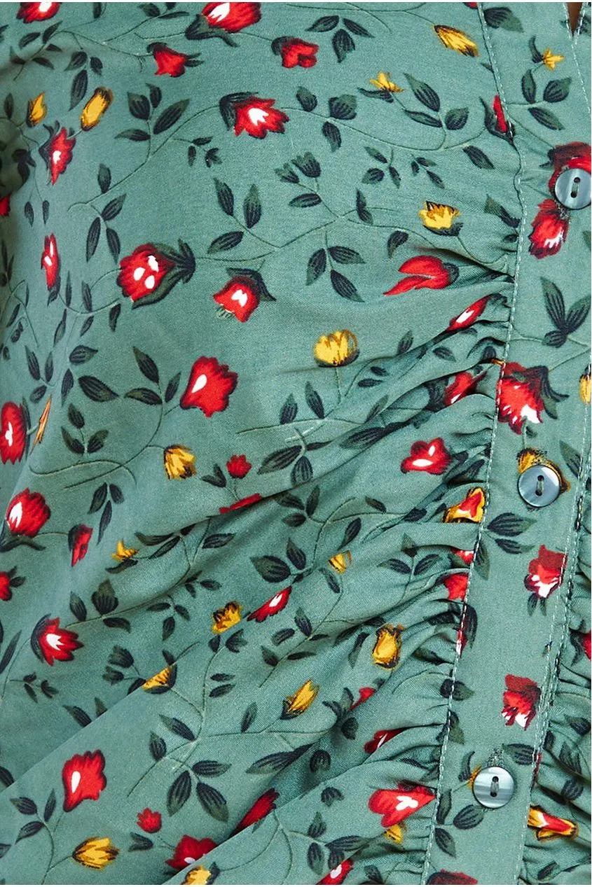 City Goddess Floral Print Shirt Dress - Sage Green
