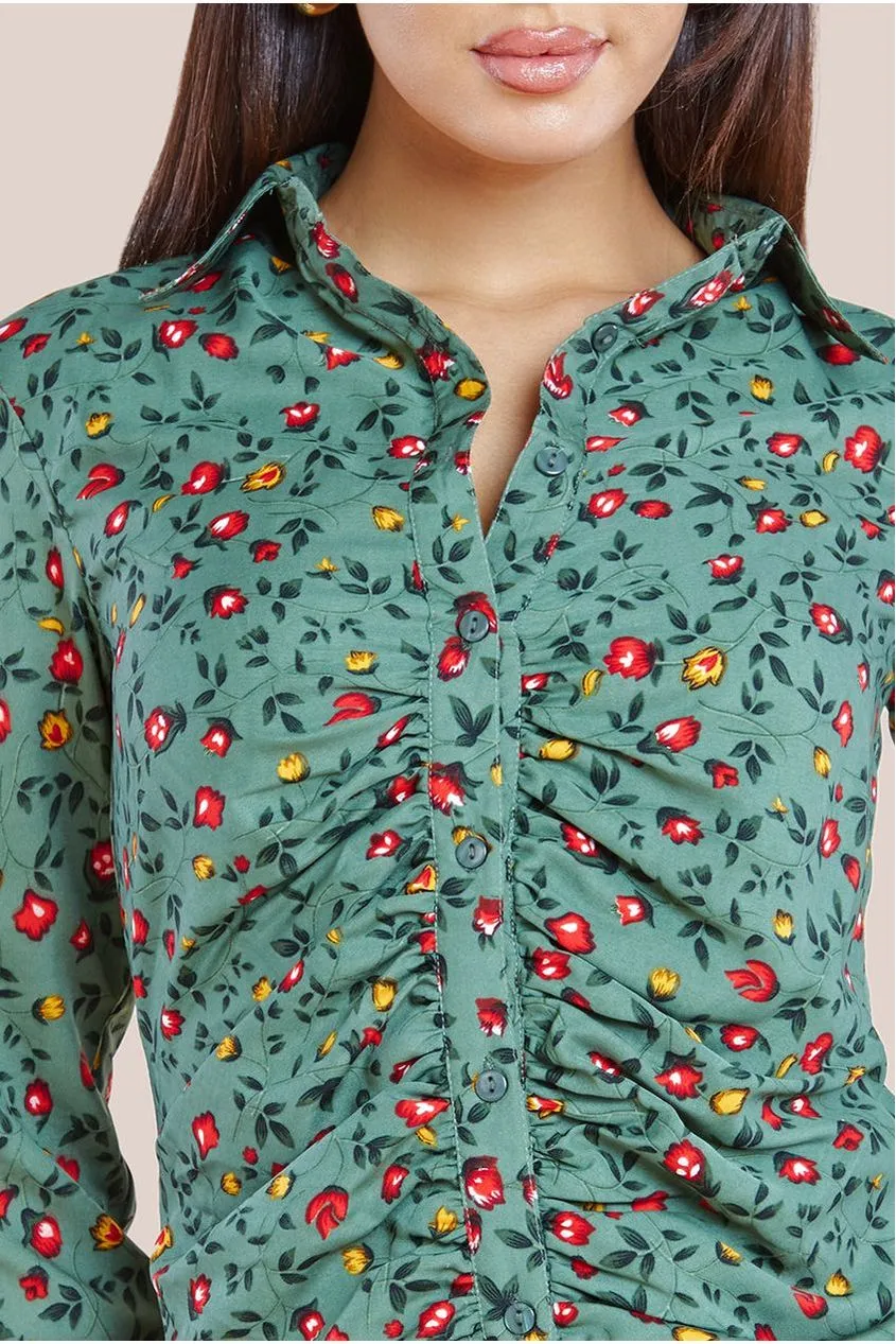 City Goddess Floral Print Shirt Dress - Sage Green