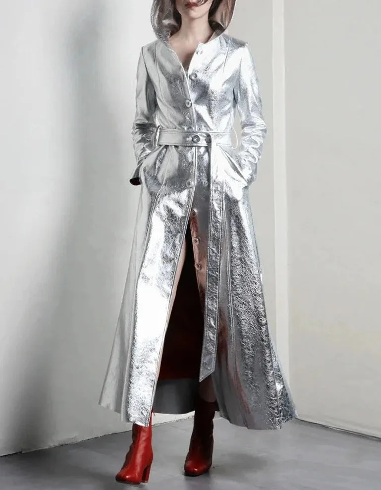 Elegant Silver Metallic Long Trench Coat
