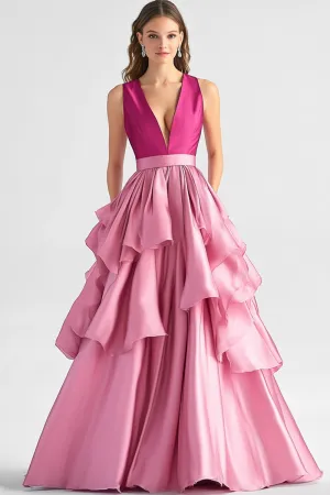 Hot Pink Tiered Ruffle V Neck A Line Formal Dress